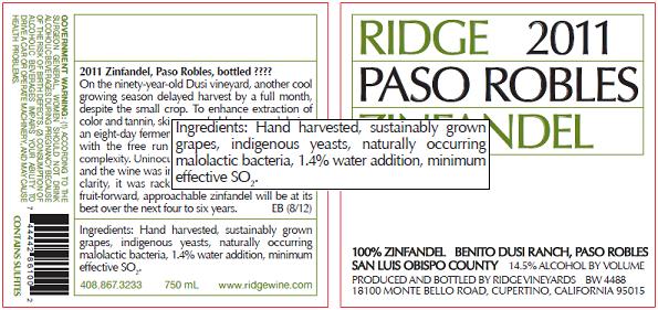 Ridge Vineyards Label